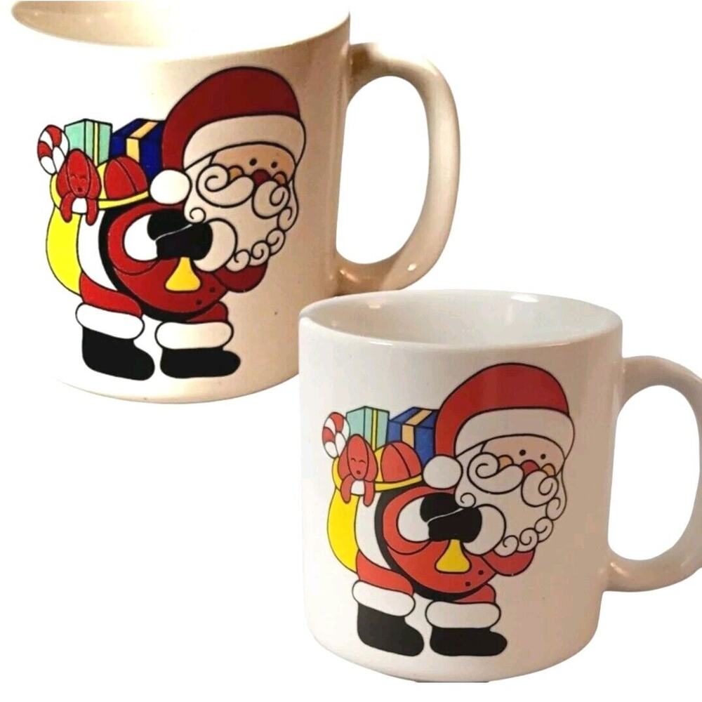 2 Set Santa Clause Mugs Coffee Cups Christmas Holiday WHITE Vintage Collectible